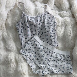 Edikted White Ribbed Floral Cami & Boyshort Set with Blue Print